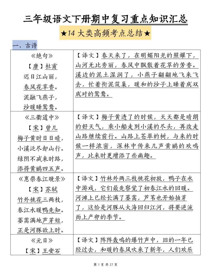 三下语文期中复习重点知识汇总-14大高频考点-墨尘项目社