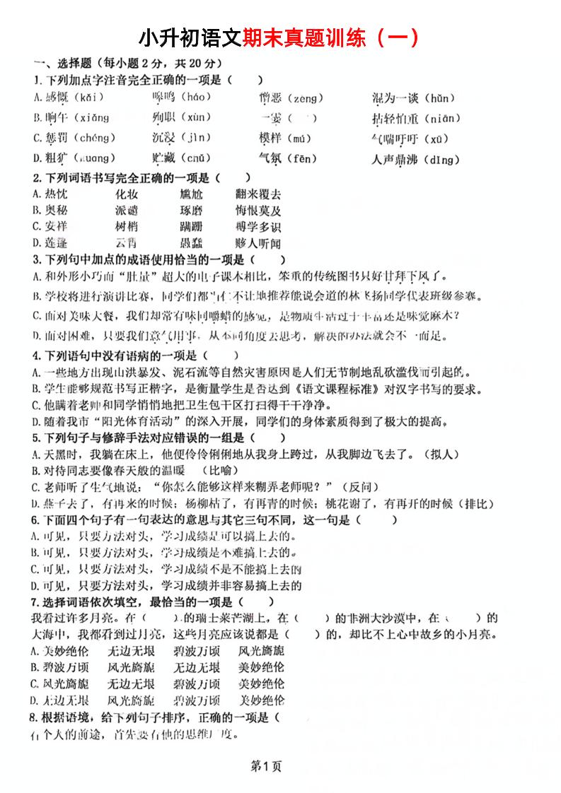 《小升初语文期末真题训练》-墨尘项目社