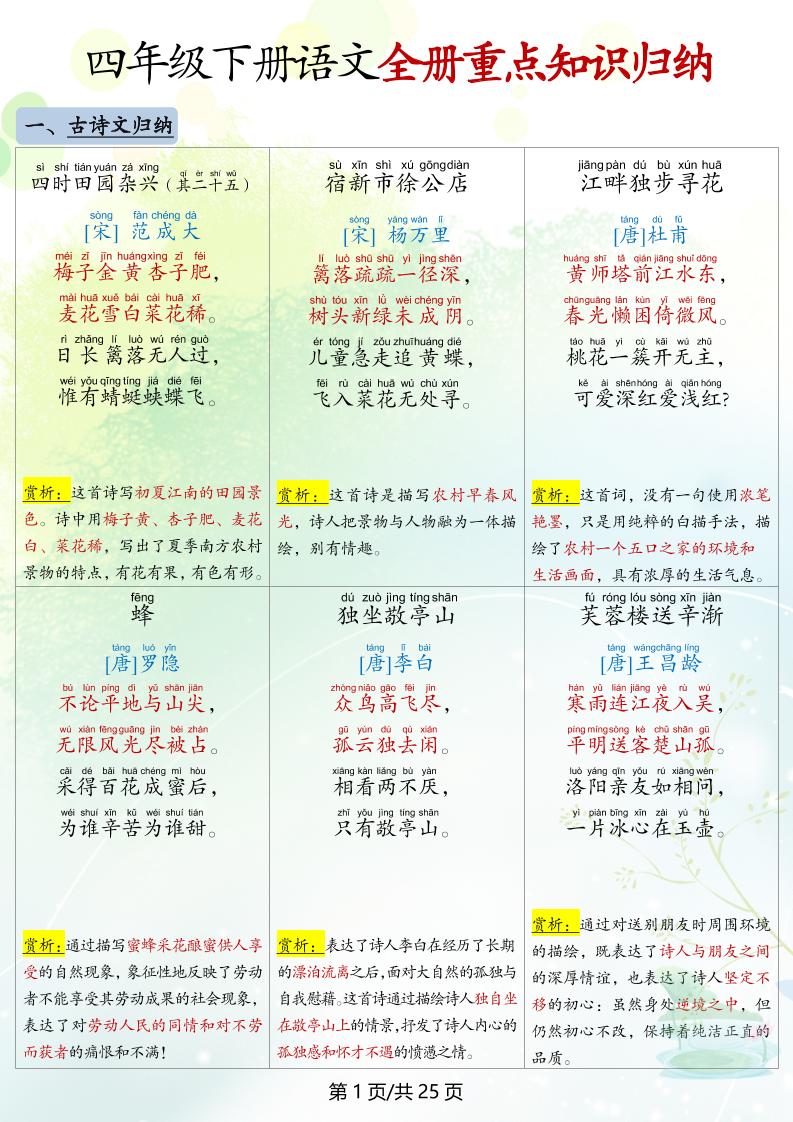 四下语文全册重点知识归纳-墨尘项目社