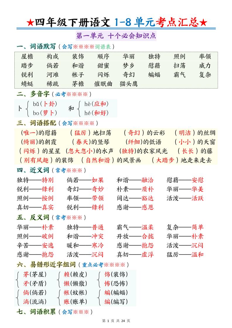 四下语文期末1-8单元十大考点必背-墨尘项目社
