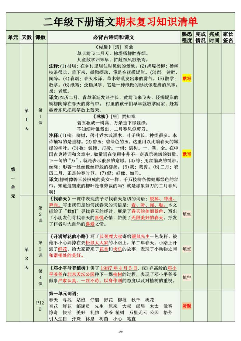 二年级下语文期末复习计划清单-墨尘项目社