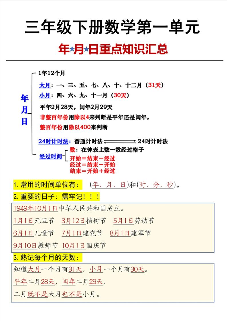 三年级下数学第6单元年月日重点知识汇总-墨尘项目社
