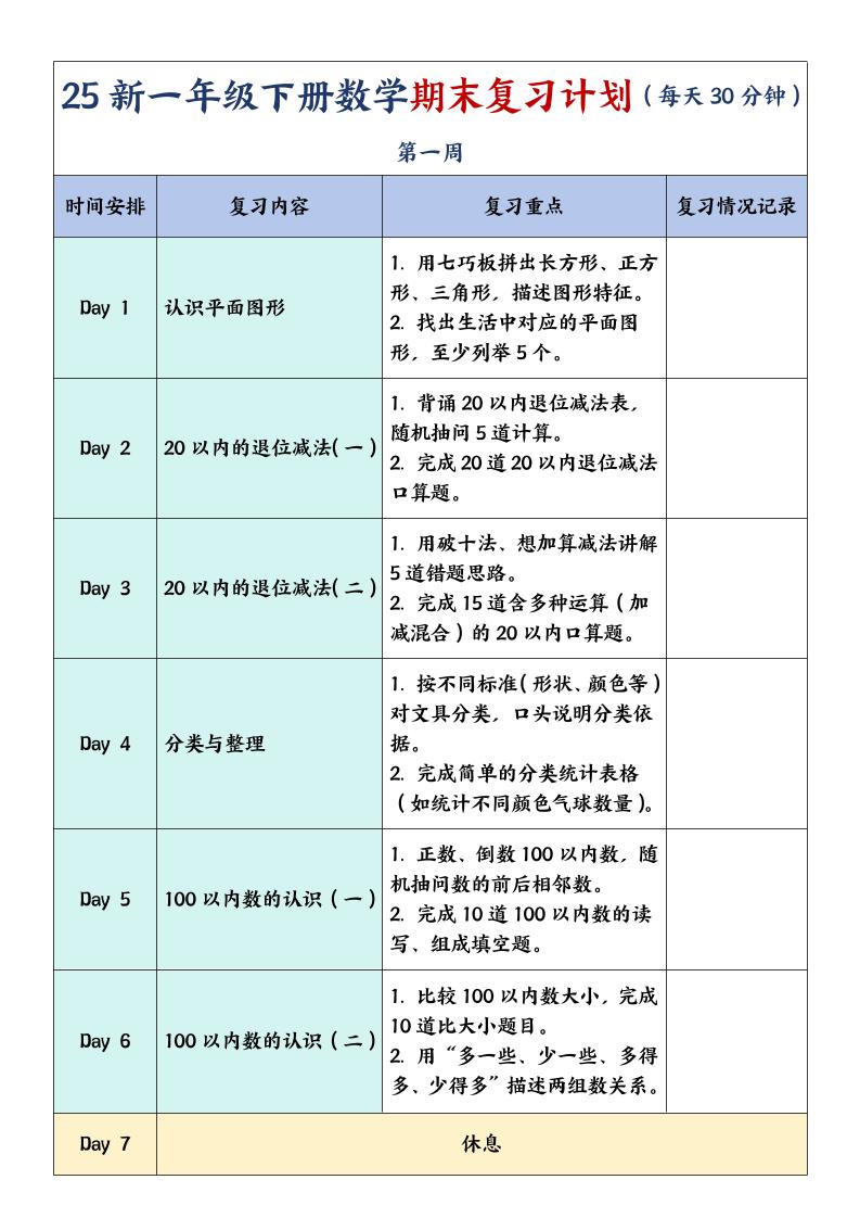 一年级下册数学期末复习计划及单元练习题-墨尘项目社