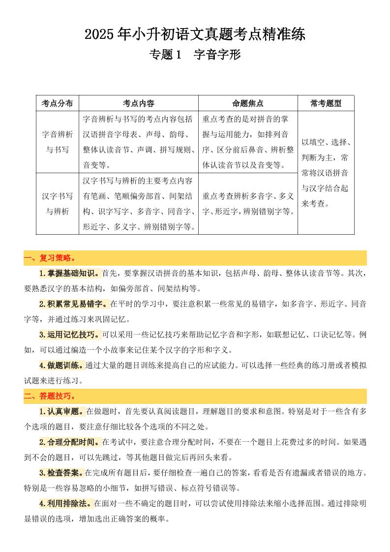 小升初语文备考真题分类汇编专题1字音字形-墨尘项目社