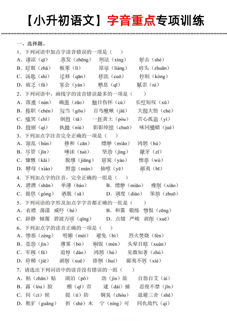 《小升初语文字音重点专项训练》-墨尘项目社