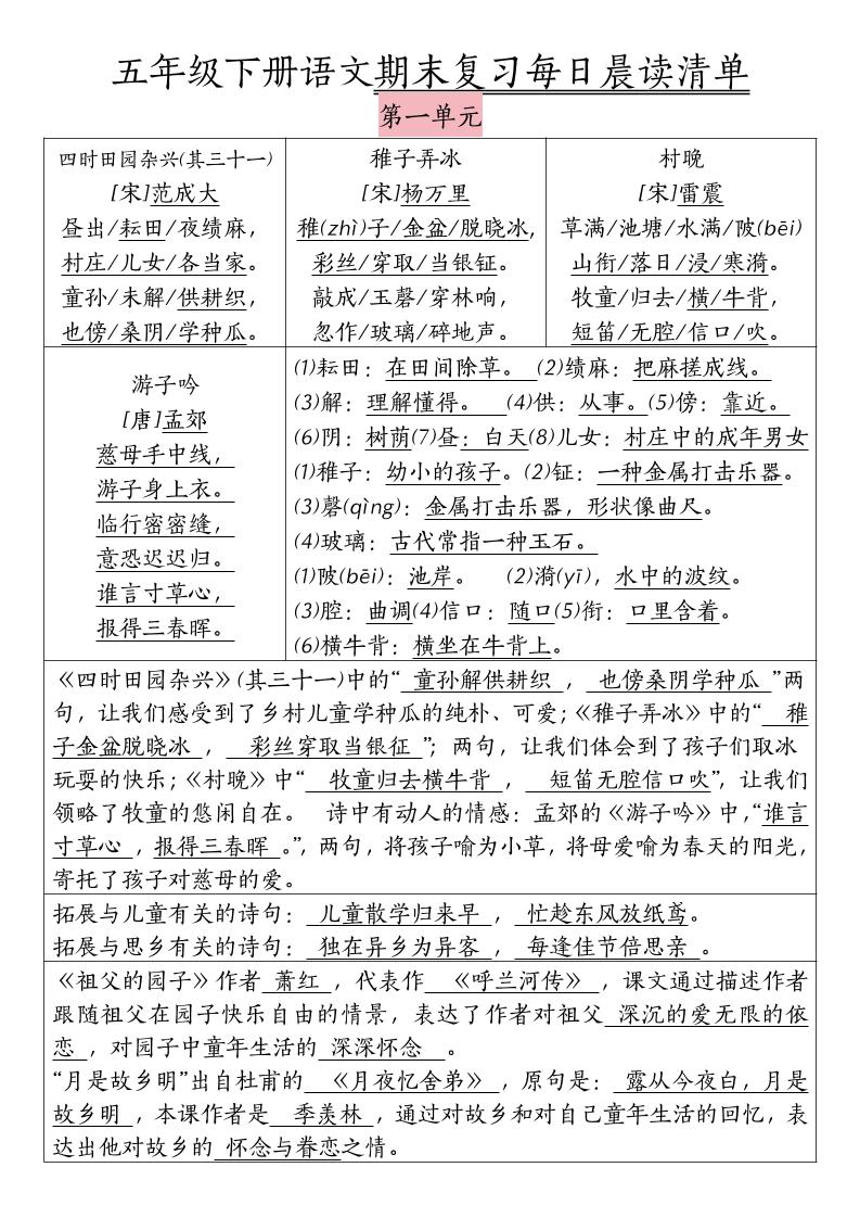 五下语文期末复习每日晨读清单-墨尘项目社