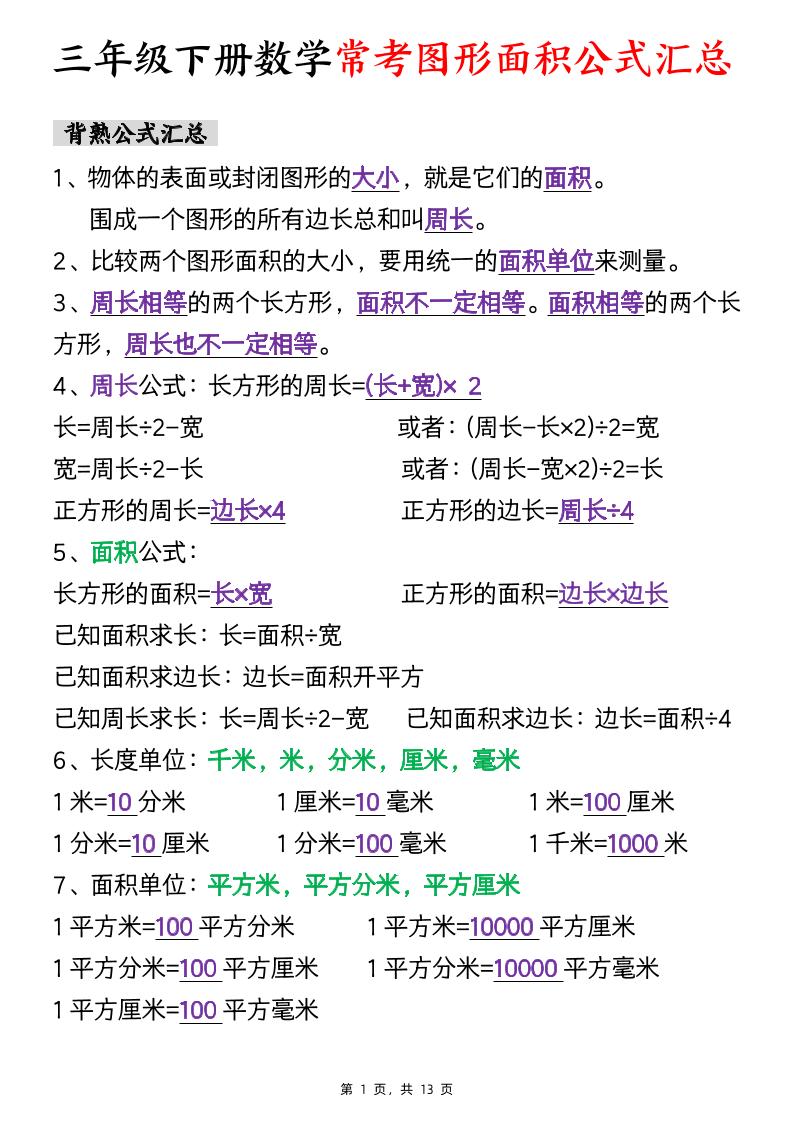 三年级下数学面积公式汇总+面积十大考点专项练习-墨尘项目社