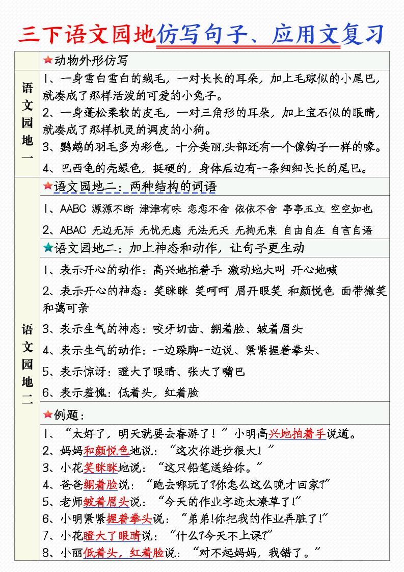 三年级下语文1-8单元语文园地句子仿写+应用文专练-墨尘项目社